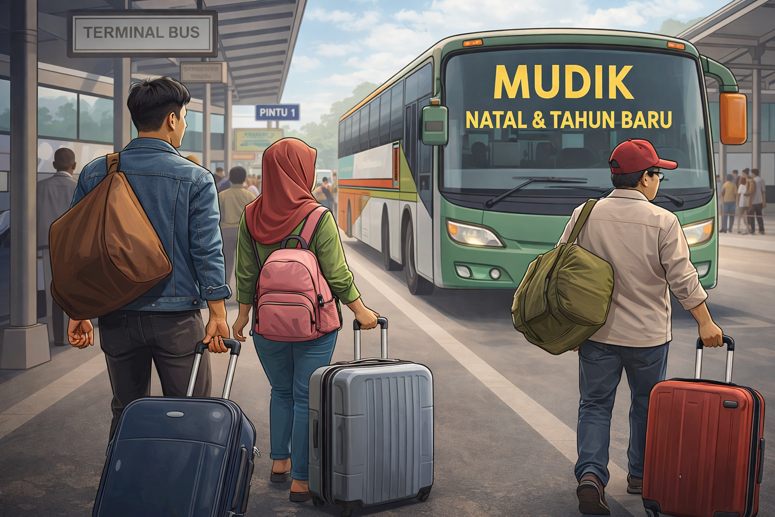 Ilustrasi pemudik membawa barang bawaan saat perjalanan mudik Natal dan Tahun Baru.