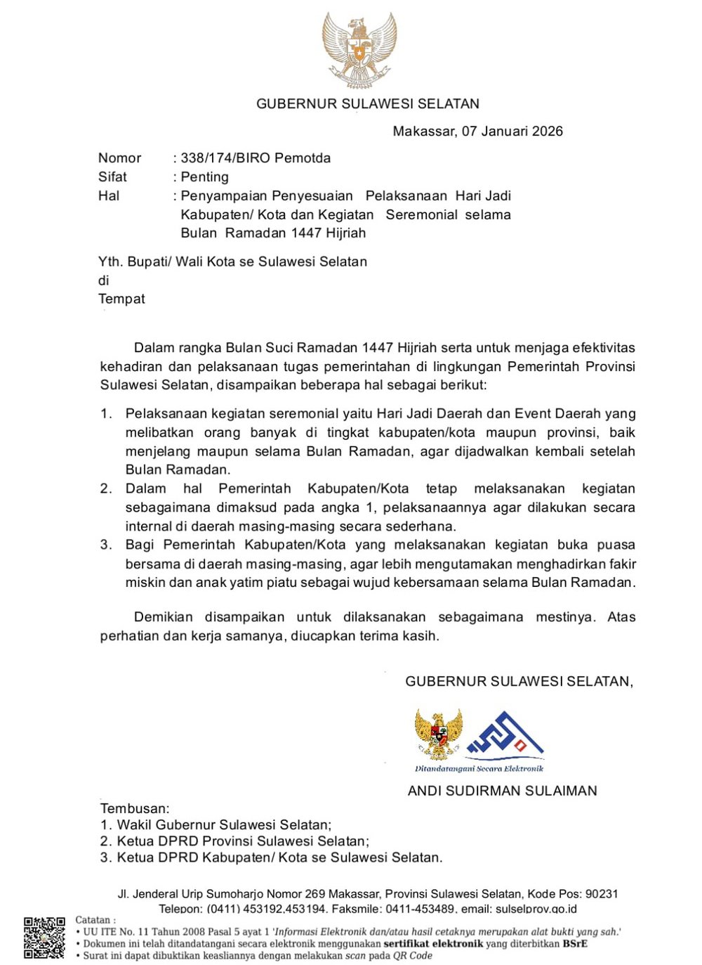 Gubernur Sulsel Andi Sudirman Sulaiman sampaikan imbauan Ramadan 1447 Hijriah