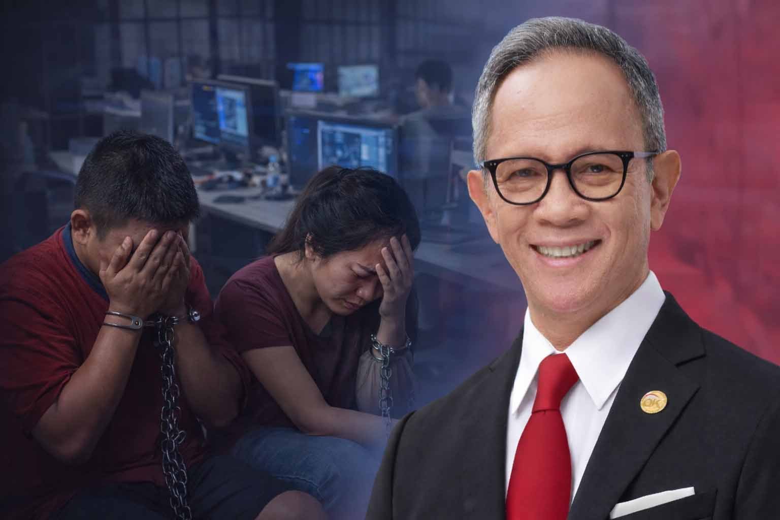 ilustrasi wni korban scam kamboja dengan latar pusat penipuan daring disandingkan potret ketua dewan komisioner ojk mahendra siregar