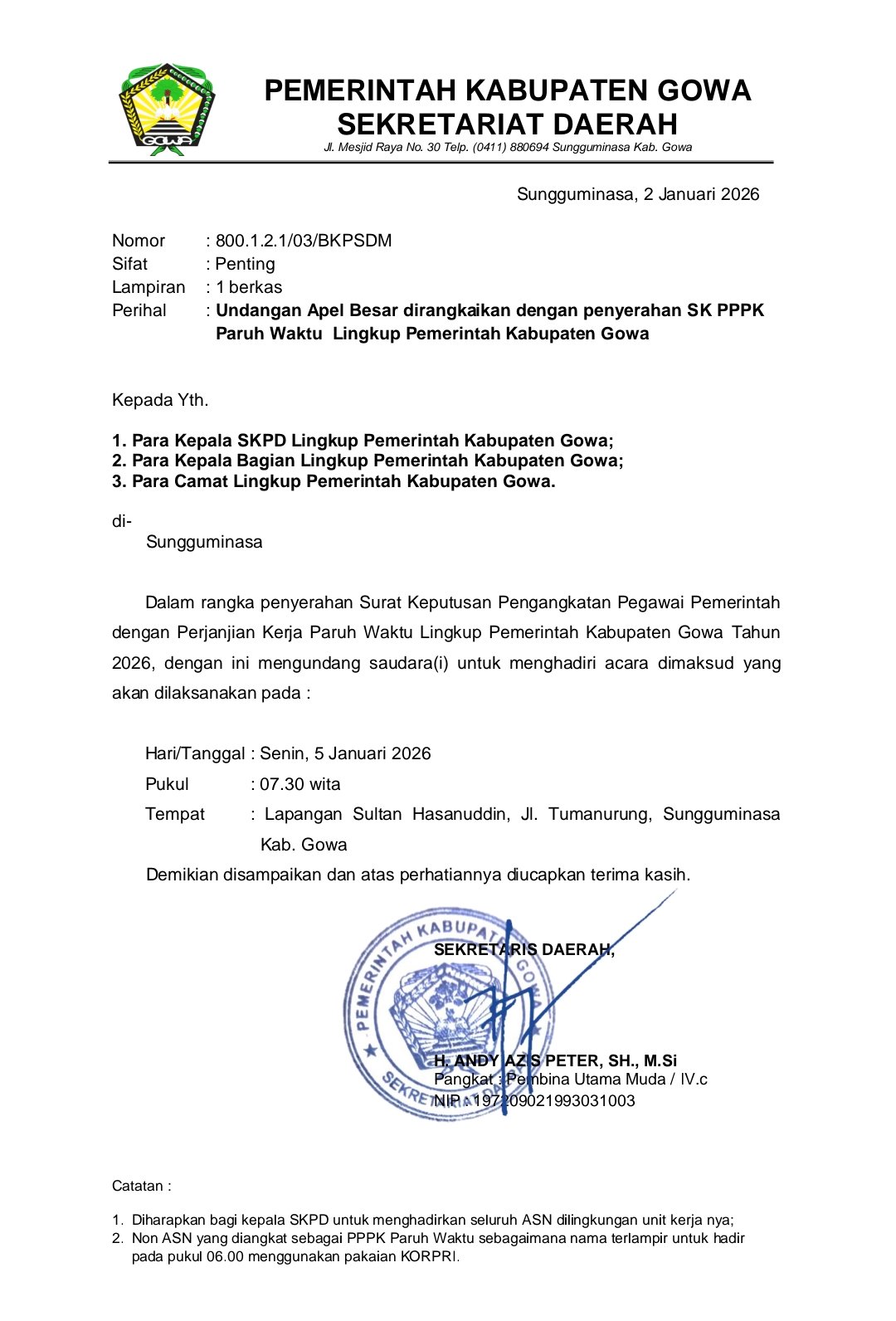 Surat undangan resmi pelantikan dan penyerahan SK 3.924 PPPK Paruh Waktu Pemerintah Kabupaten Gowa tahun 2026
