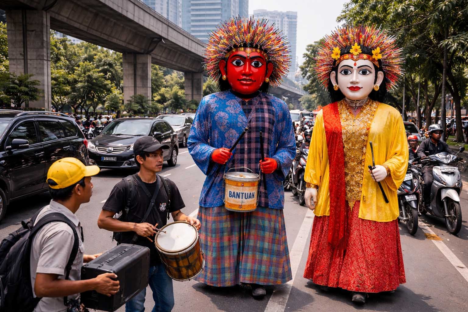 fenomena ondel-ondel mengamen masih kerap terlihat di jalanan perkotaan