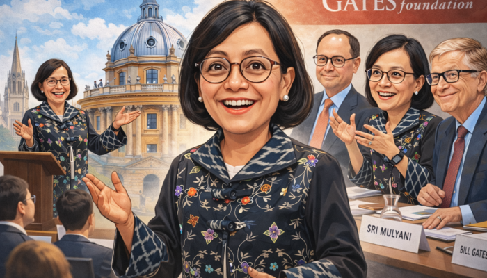 ilustrasi karikatur sri mulyani indrawati mengajar di oxford university dan bergabung dalam dewan pengurus gates foundation