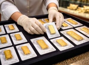 petugas menata emas batangan antam logam mulia di butik emas