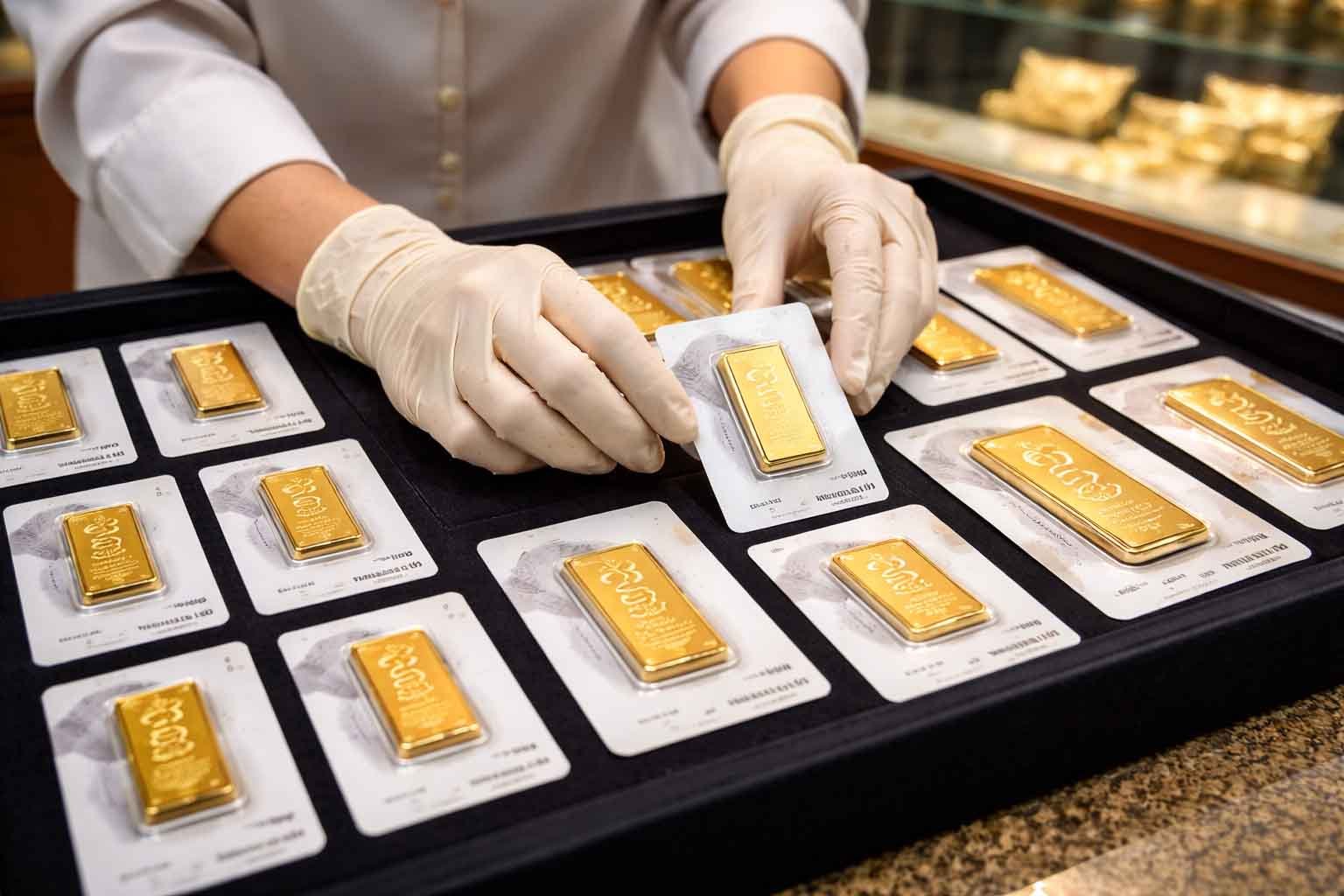 petugas menata emas batangan antam logam mulia di butik emas
