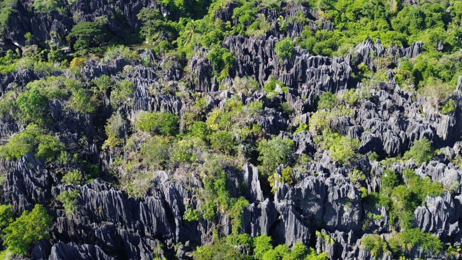panorama karst geopark maros pangkep dari udara dengan tebing batu kapur dan hamparan sawah hijau