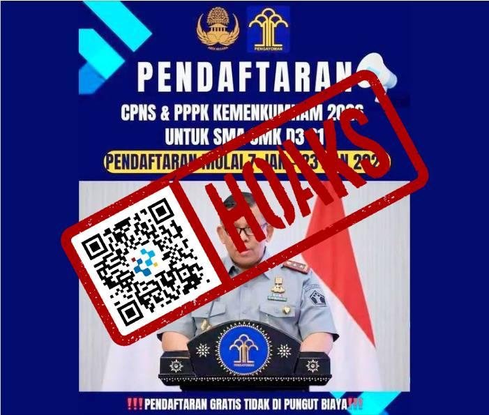 poster hoaks pendaftaran cpns 2026 kemenkumham dengan stempel hoaks dan qr code palsu