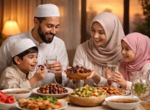 keluarga muslim berbuka puasa dengan kurma dan air putih di meja makan saat maghrib