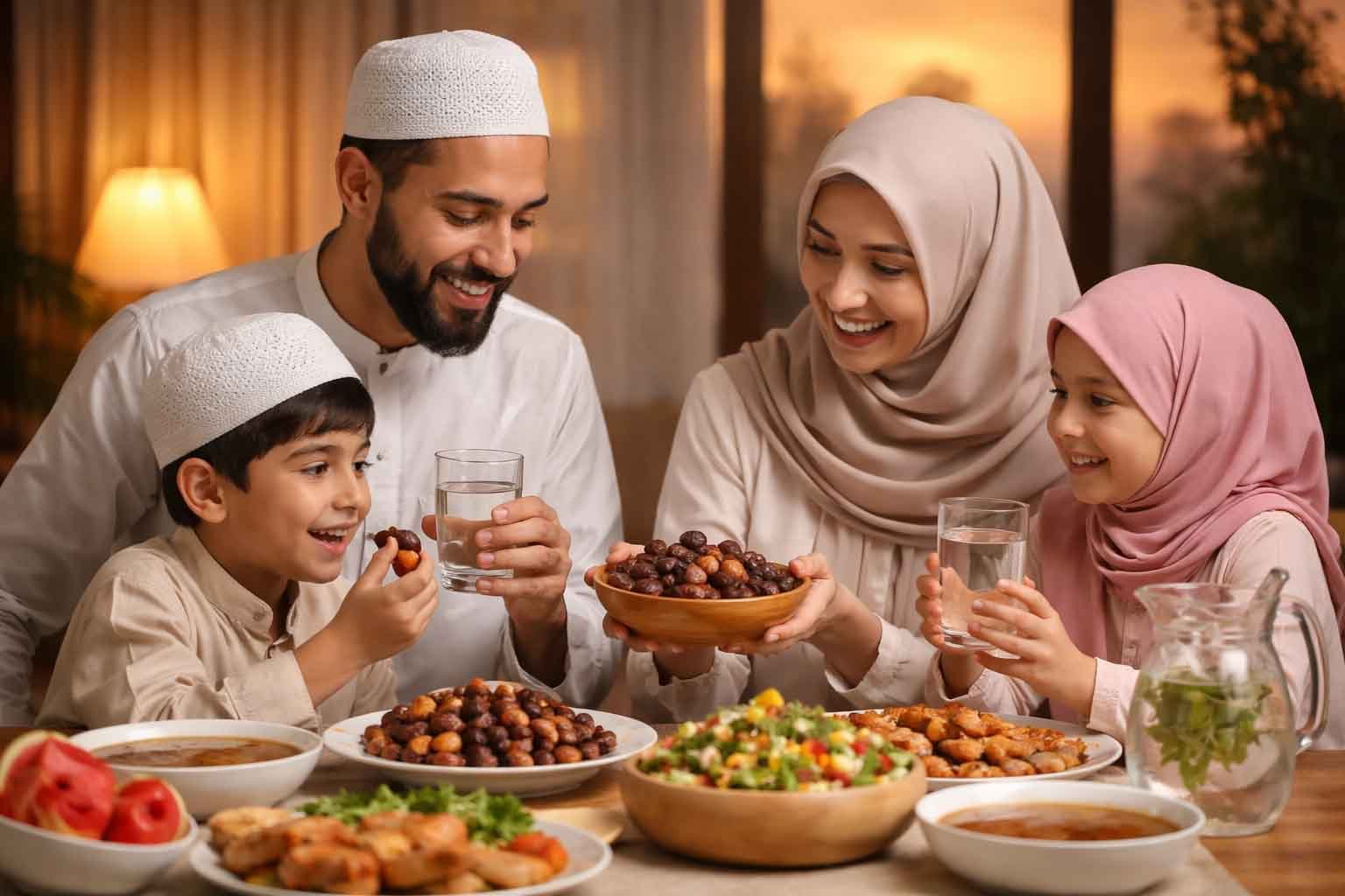 keluarga muslim berbuka puasa dengan kurma dan air putih di meja makan saat maghrib