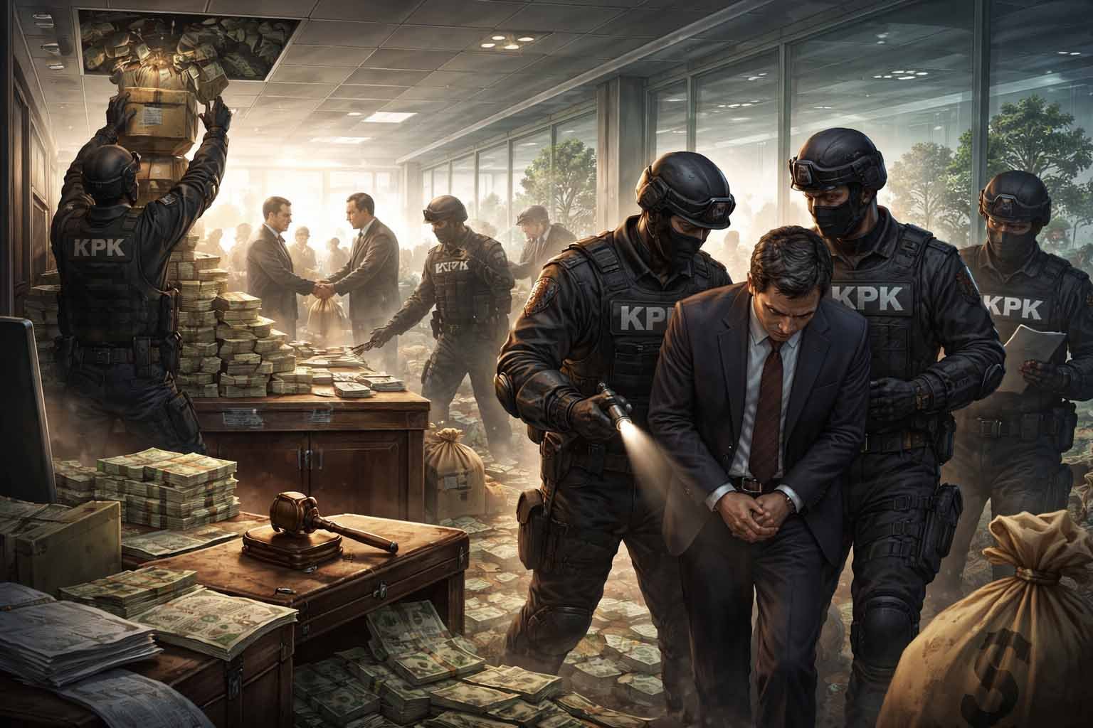 sebuah pipa besar yang bocor karena tangan-tangan yang mengambil uang sebelum mengalir ke bawah, dengan simbol fasilitas publik yang kosong di bawahnya, menggambarkan korupsi sistemik dalam pengelolaan anggaran negara