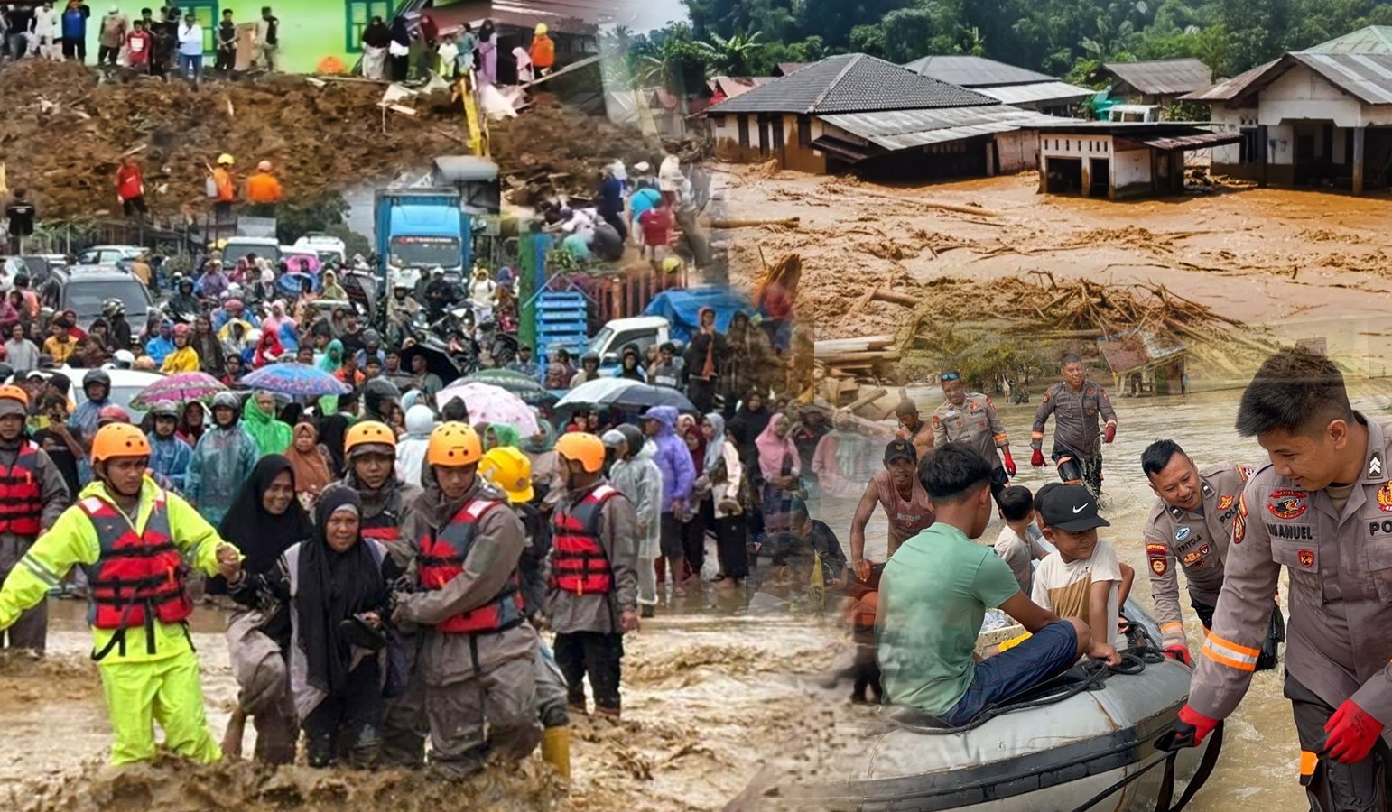 petugas melakukan evakuasi korban banjir dan longsor dengan perahu karet di sumatera utara