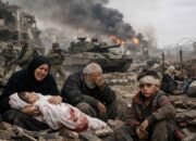 warga palestina duduk di antara reruntuhan bangunan di jalur gaza dengan latar tank dan asap tebal akibat serangan militer