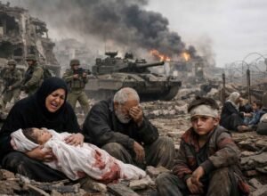 warga palestina duduk di antara reruntuhan bangunan di jalur gaza dengan latar tank dan asap tebal akibat serangan militer