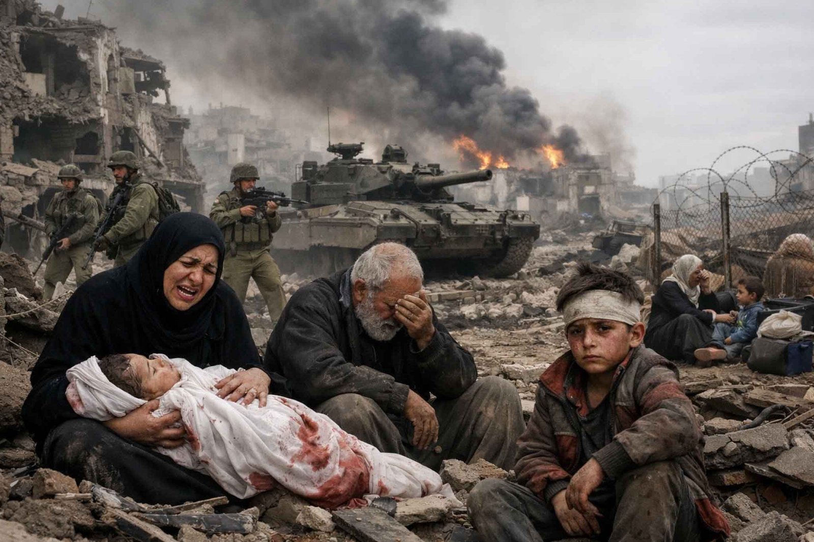 warga palestina duduk di antara reruntuhan bangunan di jalur gaza dengan latar tank dan asap tebal akibat serangan militer