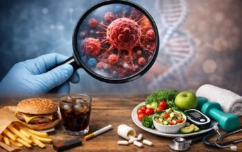 ilustrasi sel kanker dalam kaca pembesar dengan makanan cepat saji dan makanan sehat di meja kayu