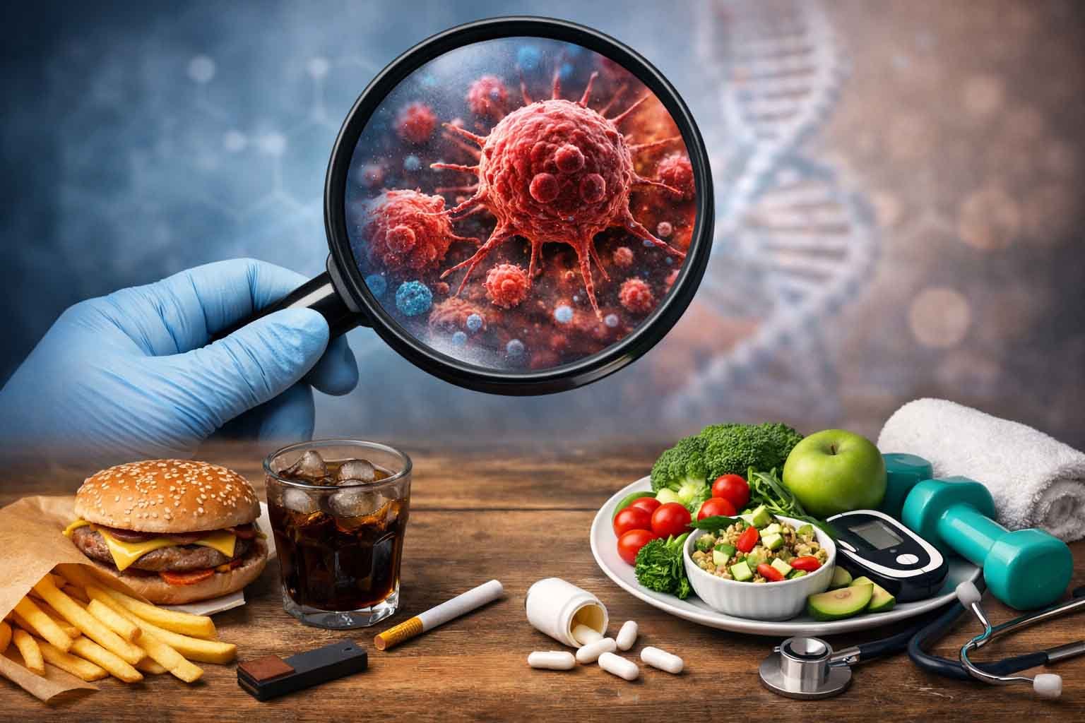 ilustrasi sel kanker dalam kaca pembesar dengan makanan cepat saji dan makanan sehat di meja kayu