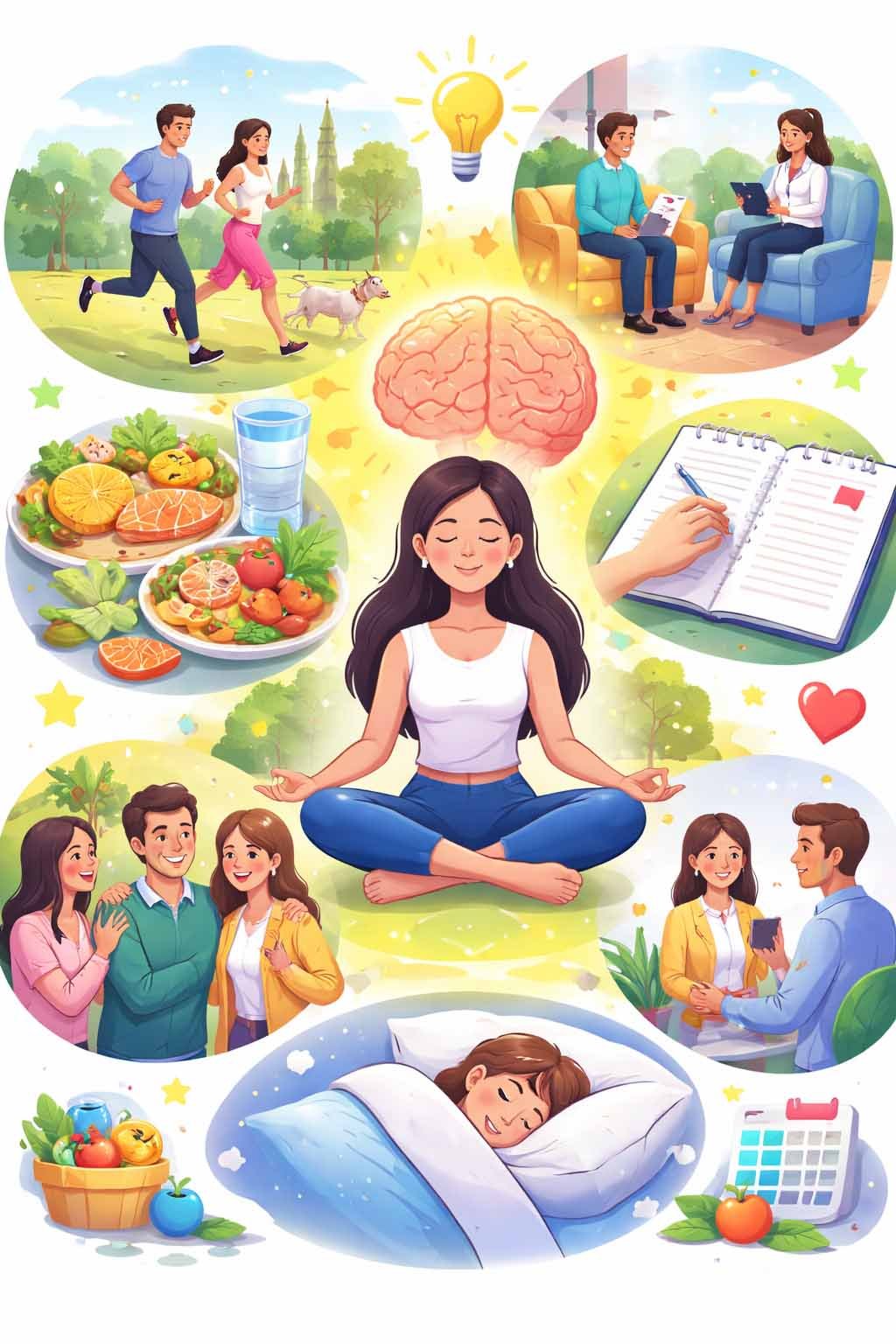 ilustrasi 10 langkah menjaga kesehatan mental dari pola hidup sehat, kelola stres, hingga konsultasi profesional untuk hidup lebih stabil dan produktif