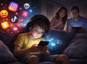 anak bermain ponsel pintar media sosial dengan pengawasan orang tua ilustrasi dampak negatif medsos