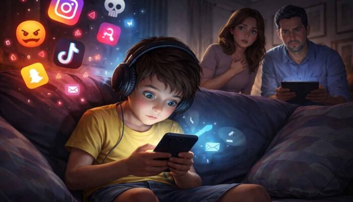 anak bermain ponsel pintar media sosial dengan pengawasan orang tua ilustrasi dampak negatif medsos