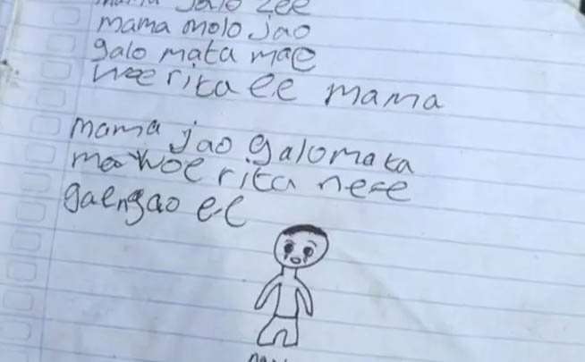 tulisan tangan dan gambar anak pada kertas buku tulis di kabupaten ngada nusa tenggara timur