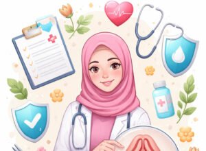 seorang tenaga medis berhijab memegang kaca pembesar yang menampilkan anatomi organ reproduksi perempuan