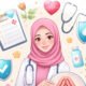 seorang tenaga medis berhijab memegang kaca pembesar yang menampilkan anatomi organ reproduksi perempuan