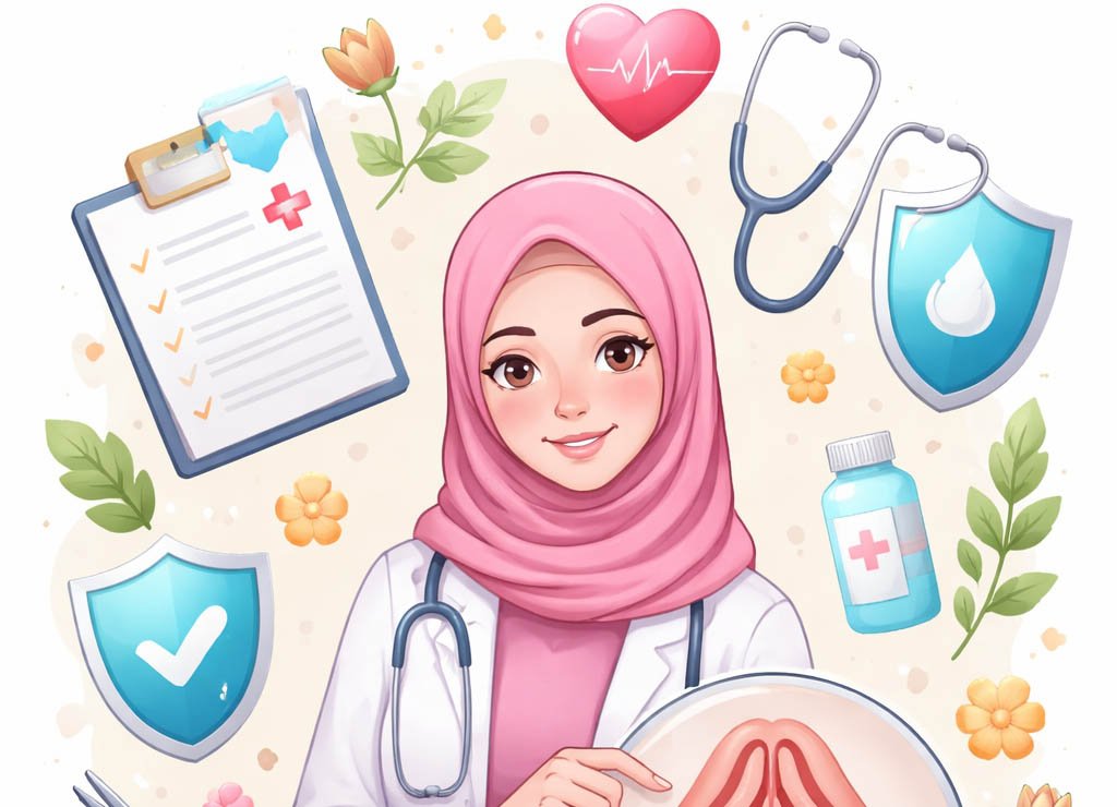 seorang tenaga medis berhijab memegang kaca pembesar yang menampilkan anatomi organ reproduksi perempuan
