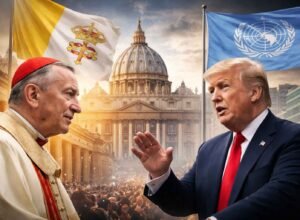 ilustrasi simbolik pertemuan antara perwakilan vatikan dan donald trump dengan latar basilika santo petrus dan bendera pbb