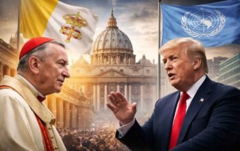ilustrasi simbolik pertemuan antara perwakilan vatikan dan donald trump dengan latar basilika santo petrus dan bendera pbb