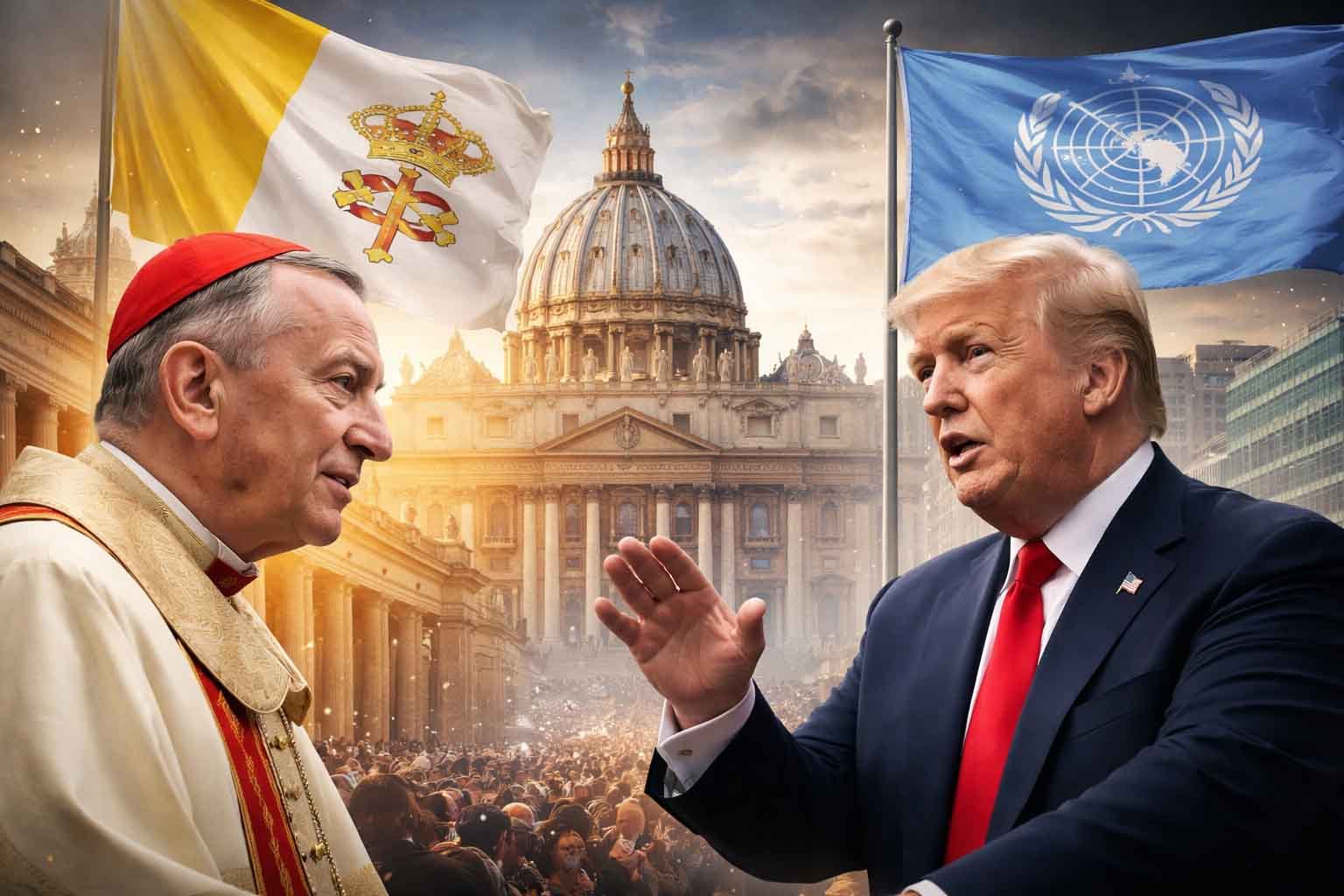 ilustrasi simbolik pertemuan antara perwakilan vatikan dan donald trump dengan latar basilika santo petrus dan bendera pbb