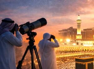 ilustrasi suasana pemantauan hilal dan aktivitas masyarakat menyambut idul fitri di arab saudi maret 2026