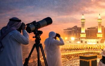 ilustrasi suasana pemantauan hilal dan aktivitas masyarakat menyambut idul fitri di arab saudi maret 2026