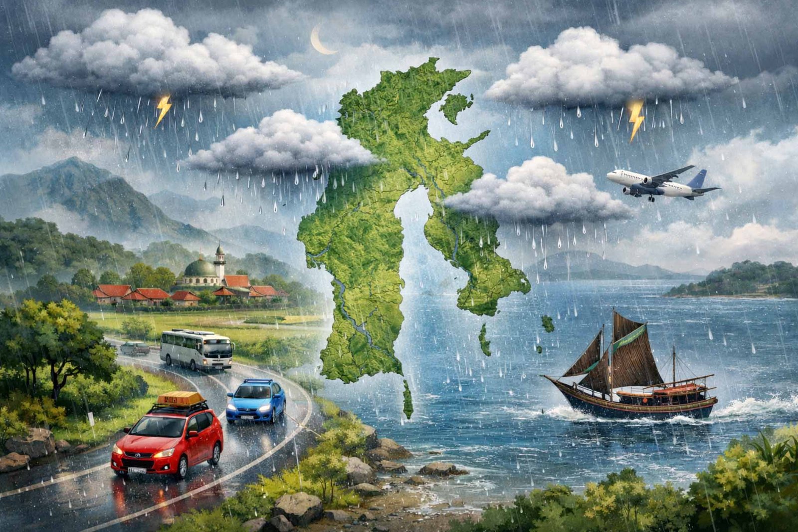 ilustrasi peta sulawesi selatan diguyur hujan saat periode mudik lebaran 2026 menurut prakiraan bmkg