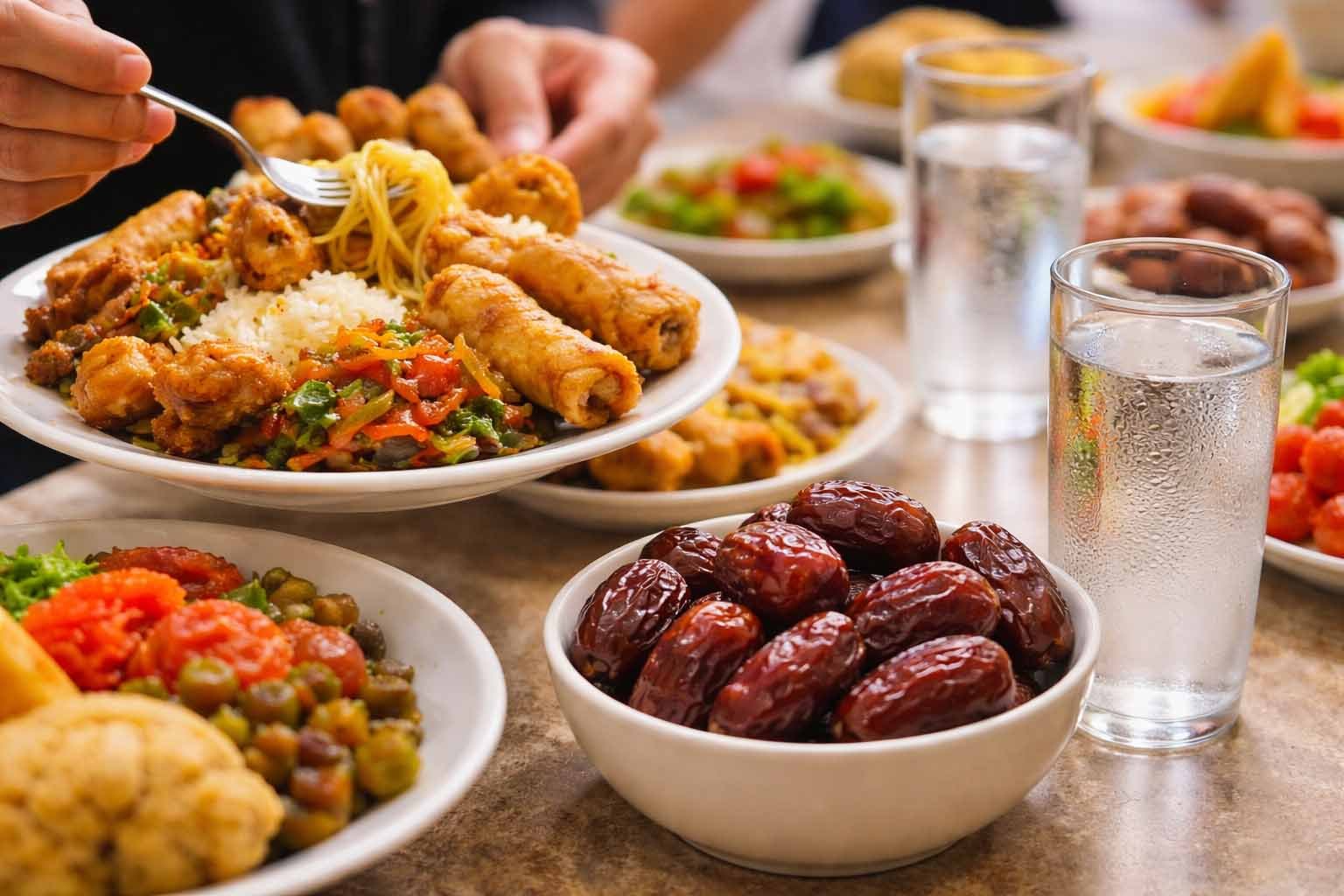 ilustrasi makanan dan kurma saat buka puasa