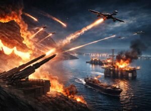 ilustrasi serangan rudal dan drone iran ke wilayah teluk yang menargetkan fasilitas energi dan jalur minyak global