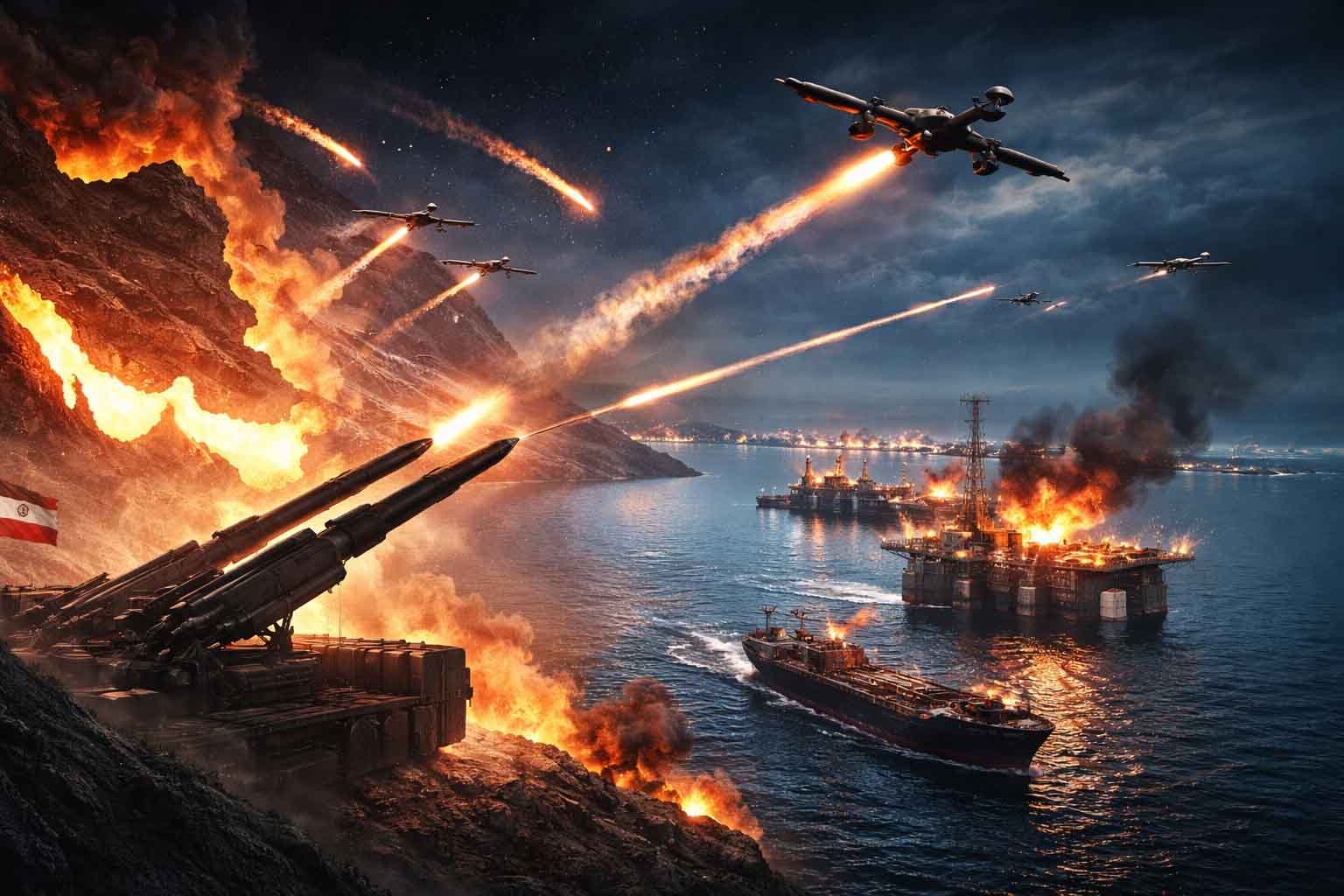 ilustrasi serangan rudal dan drone iran ke wilayah teluk yang menargetkan fasilitas energi dan jalur minyak global