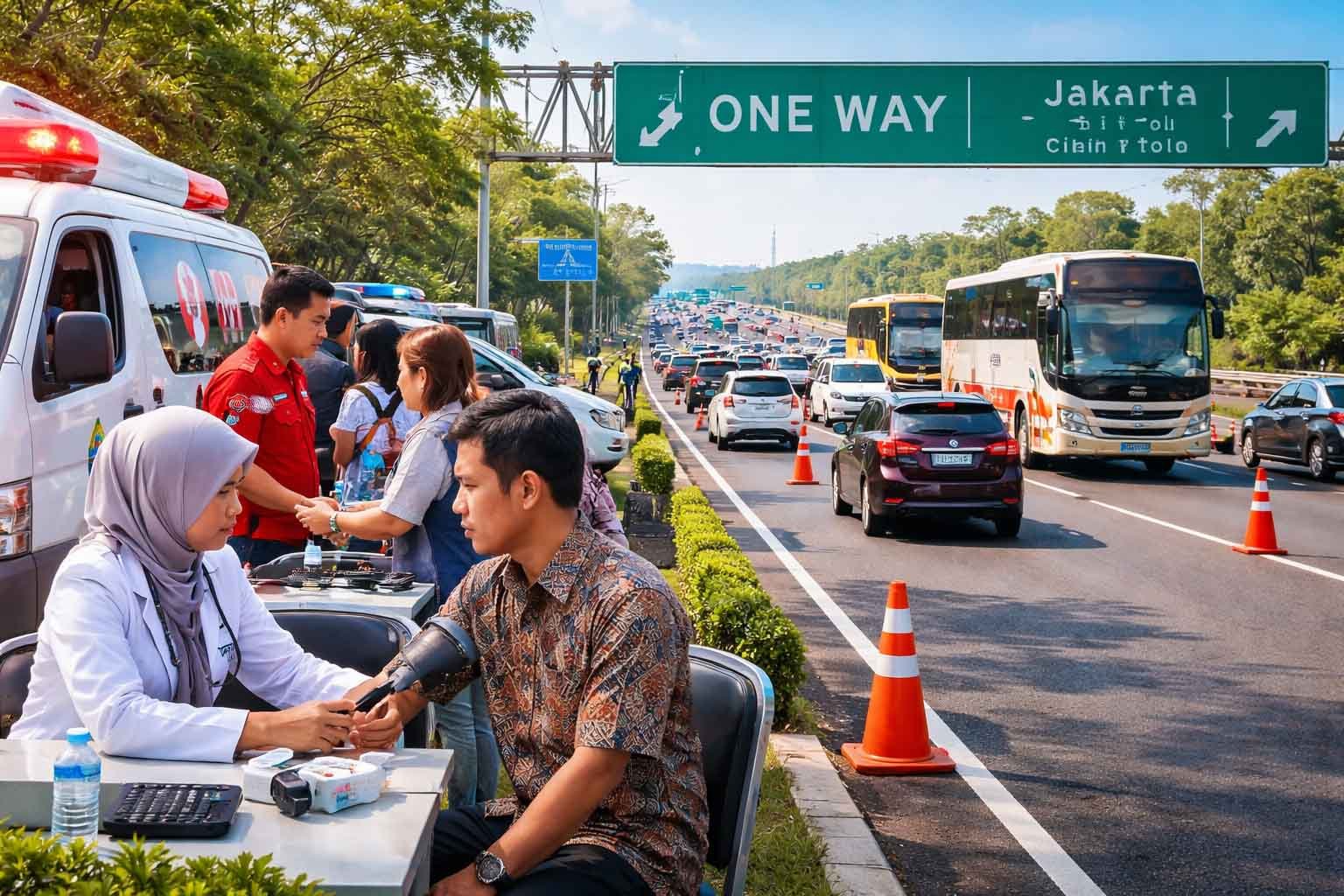 pemerintah memperkuat pengamanan arus balik lebaran melalui rekayasa lalu lintas one way dan layanan kesehatan gratis