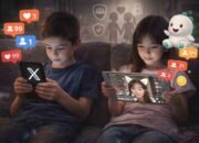 anak-anak menggunakan smartphone dan tablet untuk mengakses media sosial dan live streaming di rumah