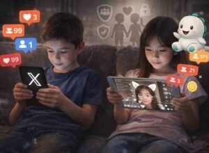 anak-anak menggunakan smartphone dan tablet untuk mengakses media sosial dan live streaming di rumah