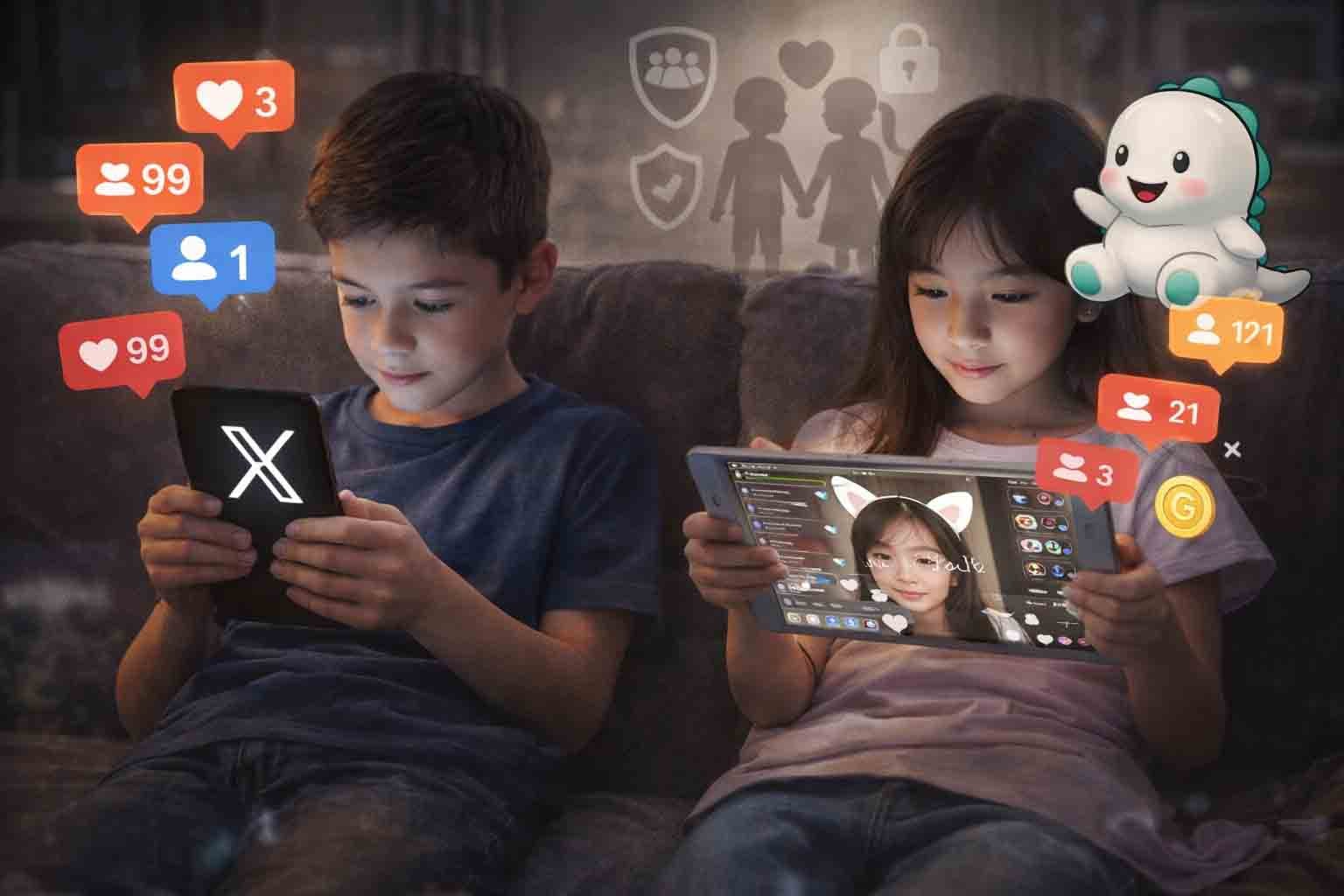 anak-anak menggunakan smartphone dan tablet untuk mengakses media sosial dan live streaming di rumah