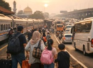 pemudik melakukan perjalanan mudik lebaran di jalur transportasi indonesia