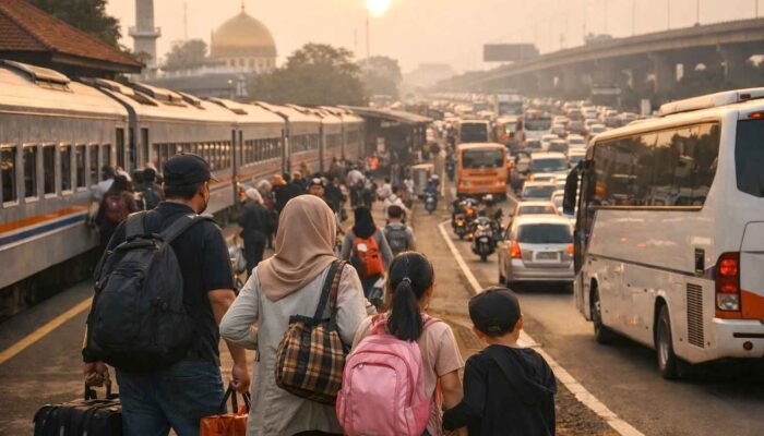 pemudik melakukan perjalanan mudik lebaran di jalur transportasi indonesia