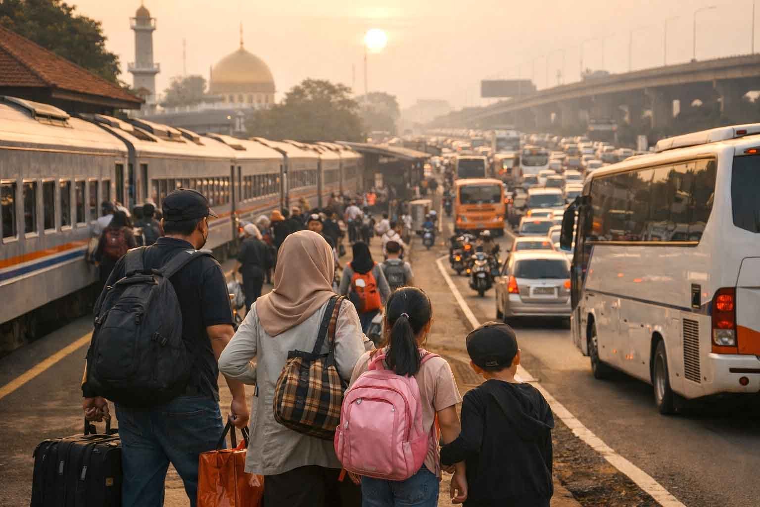 pemudik melakukan perjalanan mudik lebaran di jalur transportasi indonesia