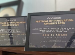 sertifikat penghargaan festival of innovation awards 2026 untuk menteri kesehatan budi g sadikin dan program cek kesehatan gratis di singapura