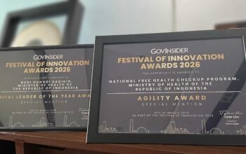 sertifikat penghargaan festival of innovation awards 2026 untuk menteri kesehatan budi g sadikin dan program cek kesehatan gratis di singapura