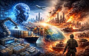 ilustrasi perdagangan global 2026 dipengaruhi kecerdasan buatan dan konflik energi dunia