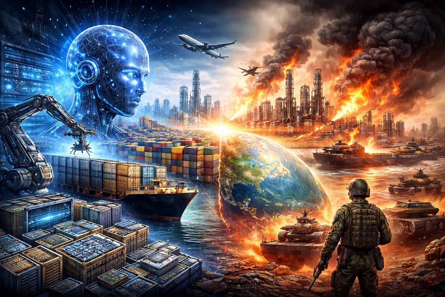 ilustrasi perdagangan global 2026 dipengaruhi kecerdasan buatan dan konflik energi dunia