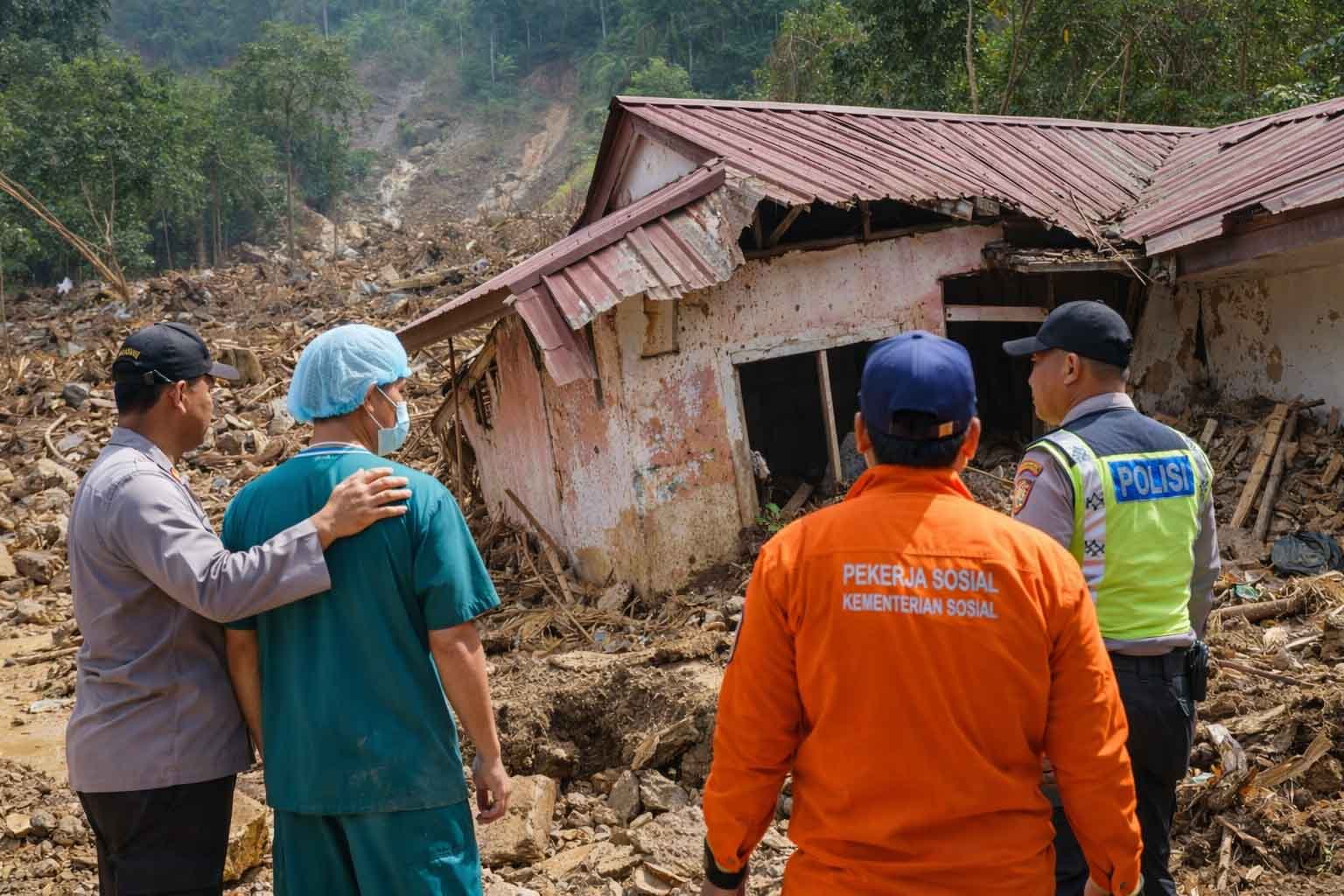 petugas meninjau rumah rusak akibat banjir dan longsor di sumatra untuk bantuan nakes terdampak bencana