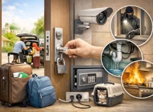 Ilustrasi keamanan rumah saat ditinggal mudik dengan kunci pintu, CCTV, dan potensi risiko rumah kosong