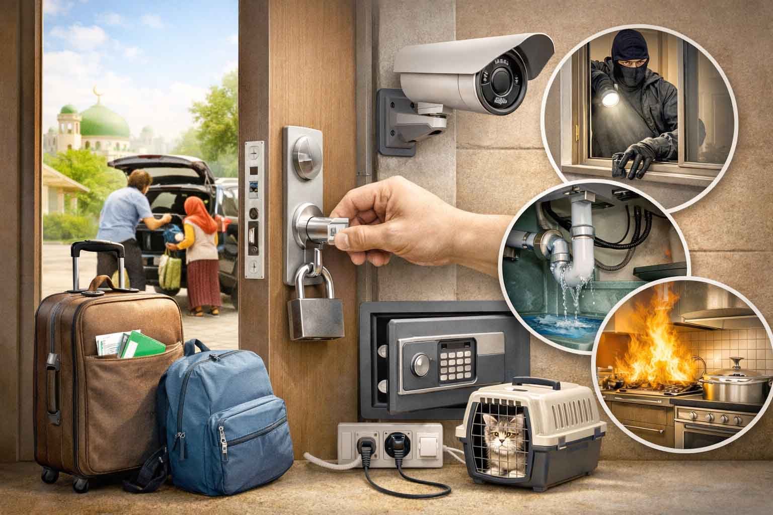 Ilustrasi keamanan rumah saat ditinggal mudik dengan kunci pintu, CCTV, dan potensi risiko rumah kosong