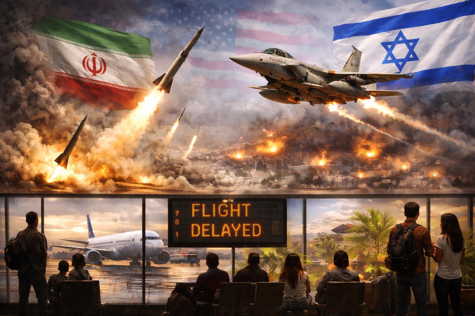 ilustrasi konflik iran israel berdampak pada penutupan ruang udara dan penundaan penerbangan bali